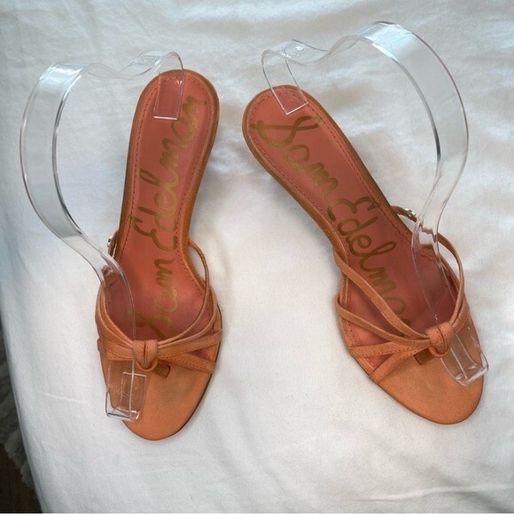 Sam Edelman Jedda Gold Logo Designer Melon Leather Suede Strappy Heels SZ 6 - Picture 3 of 13